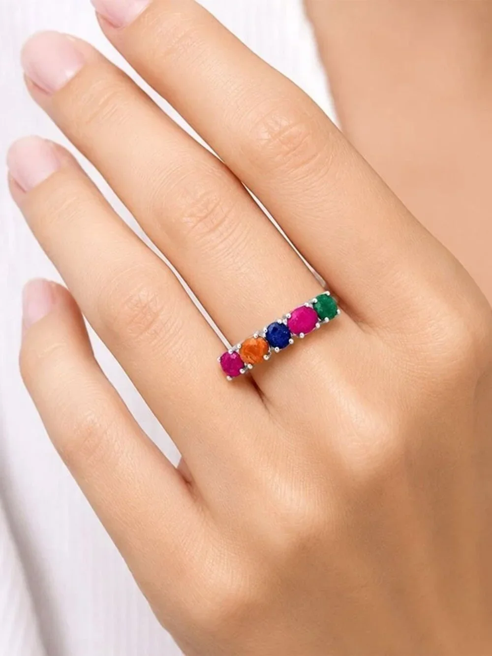 Genuine Ruby, Emerald, Sapphire & Padparadscha Ring Solid .925 Sterling Silver